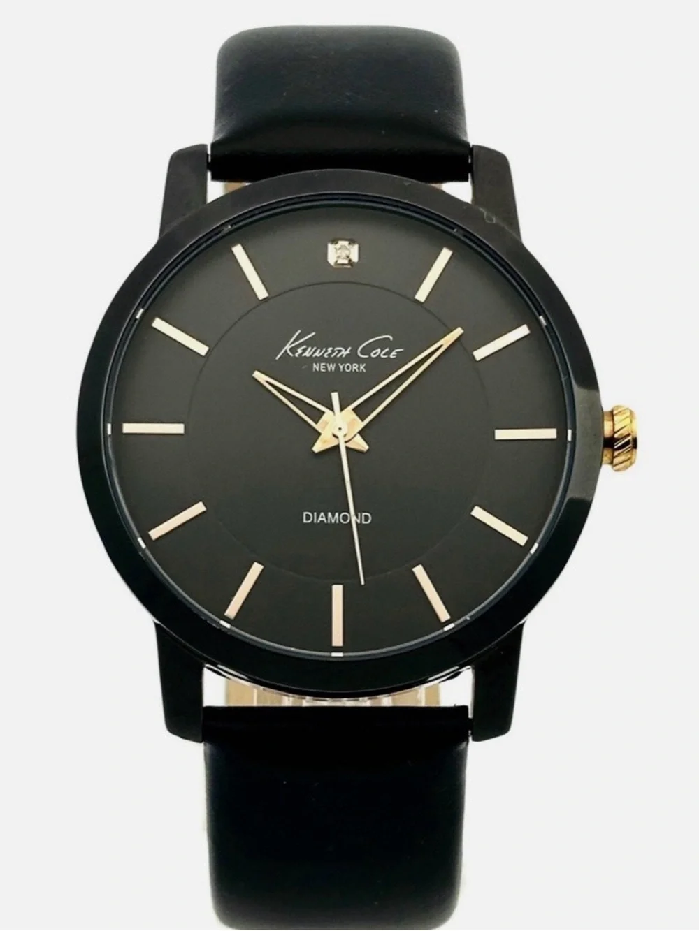 Kenneth Cole New York Black Dial Black Leather Strap Watch with Gold Accents men